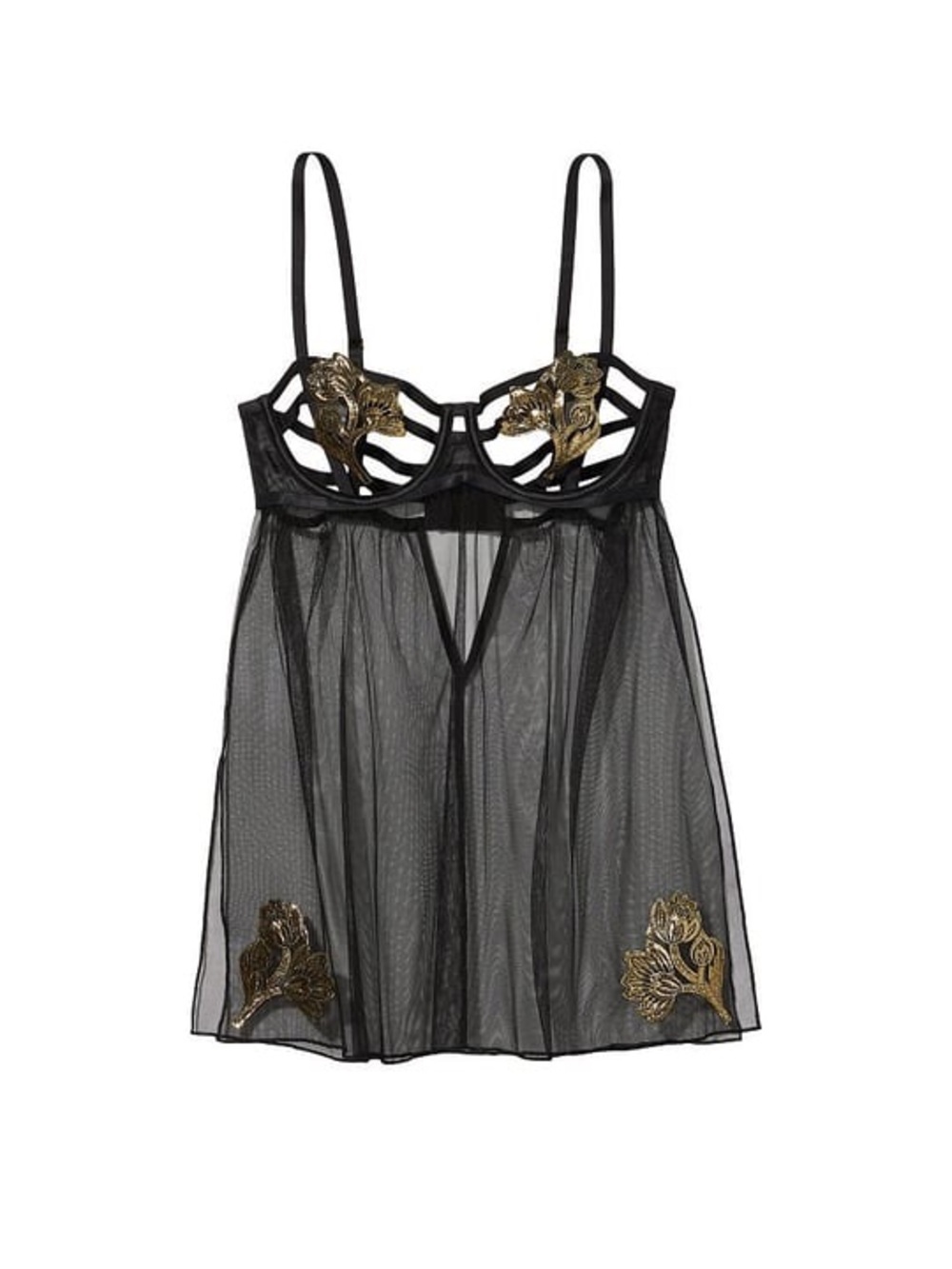 Victoria's Secret Black Sheer Mesh Chemise with Gold Floral Appliqué